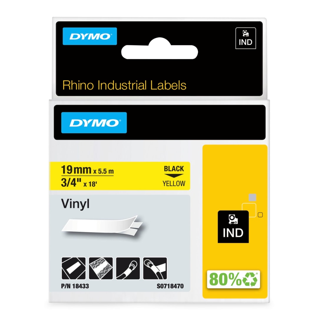 DYMO® Rhino Industrial Vinyl Labels, 3/4", Black Print on Yellow Tape