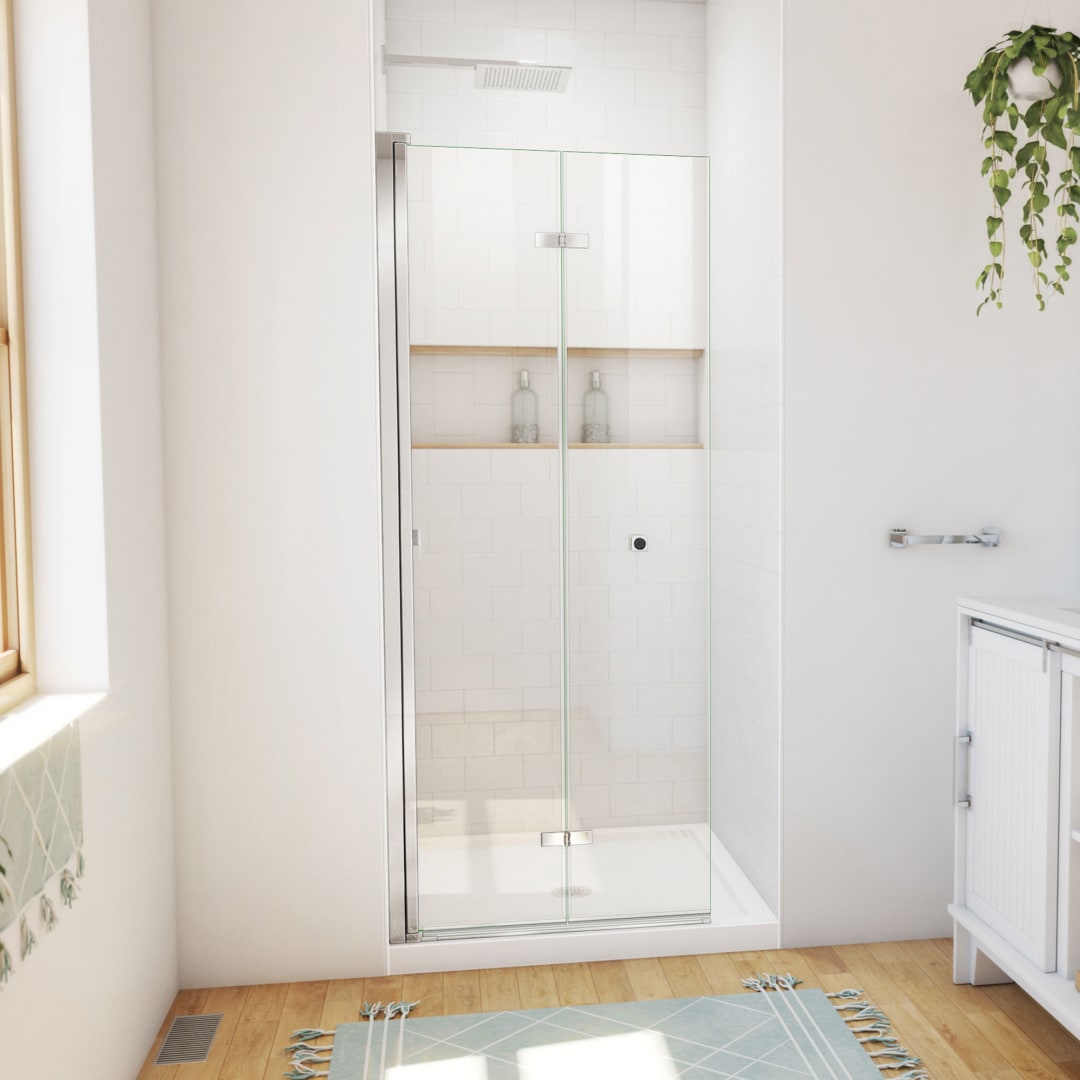 DreamLine Aqua-Q Fold 32 inch D x 32 inch W x 74 3/4 inch H Frameless Bi-fold Shower Door in Chrome with Center Drain White Shower Base Kit