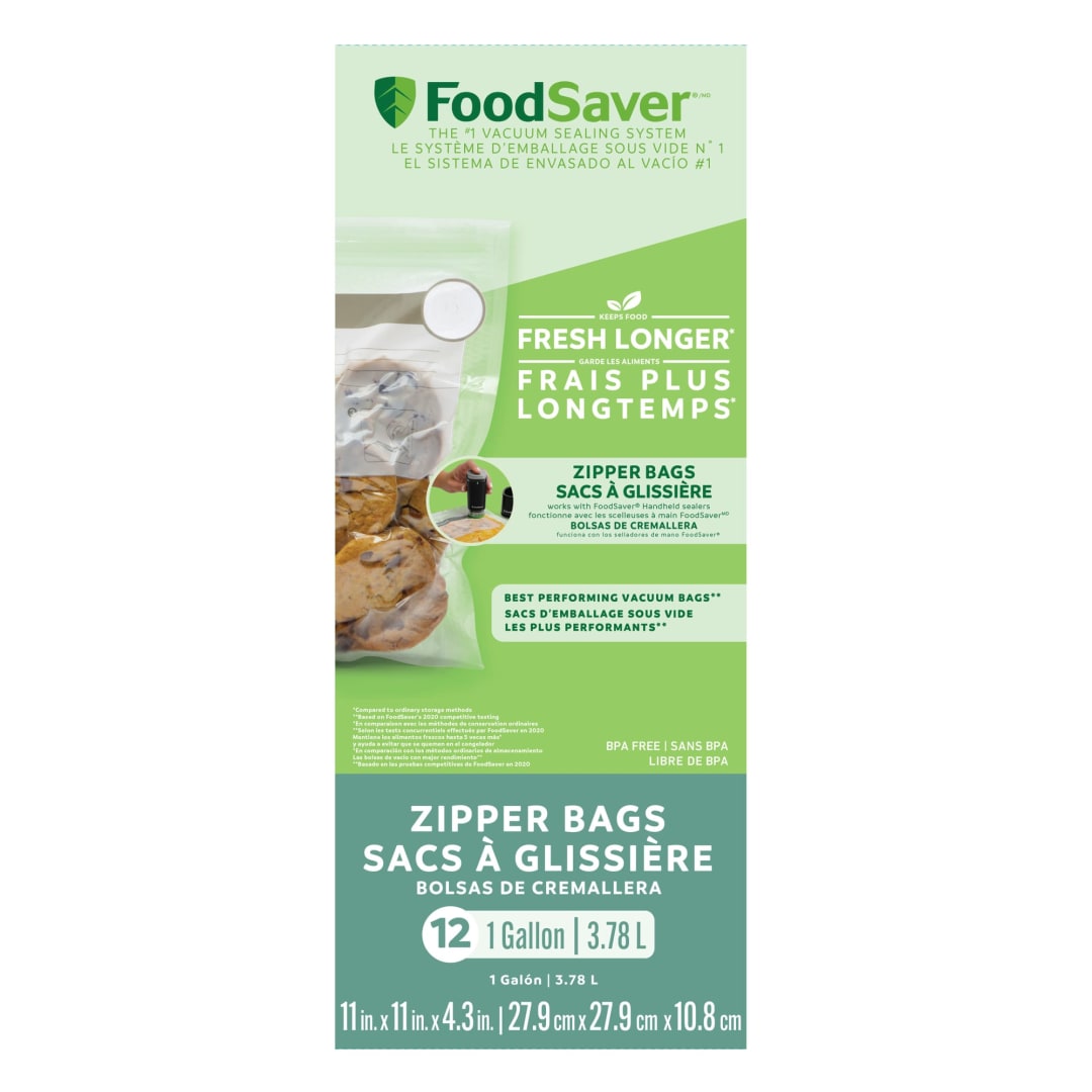 FoodSaver Vacuum Zipper Gallon Bags, 12 Count BPA-Free Reusable Storage Bags for Food, Sous Vide, and Meal Prep, Compatible with Handheld Sealers