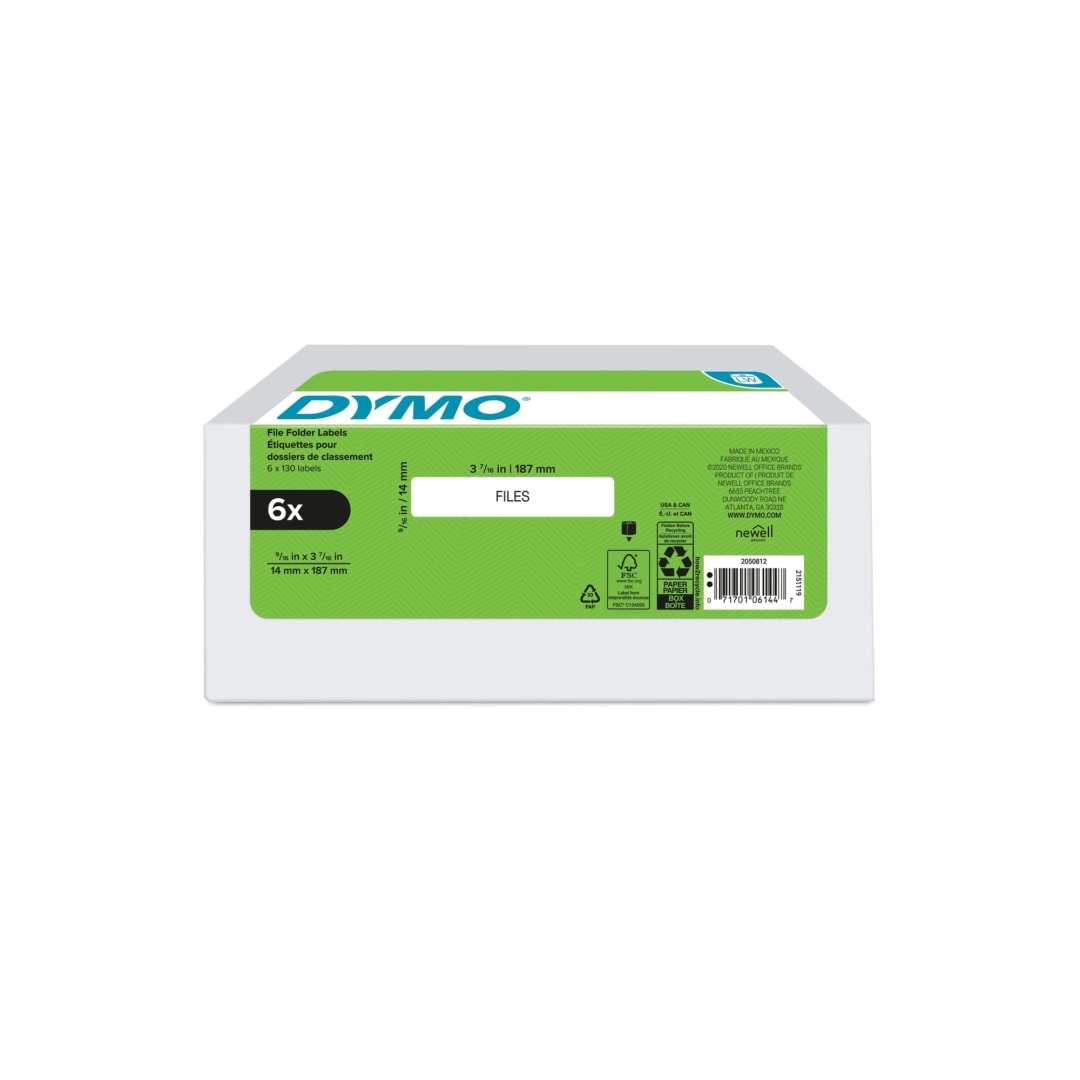 DYMO® Authentic LW 1-Up File Folder Labels for LabelWriter™ Label Printers, White, 9/16" x 3-7/16", 6 Rolls of 130 (780 Total)