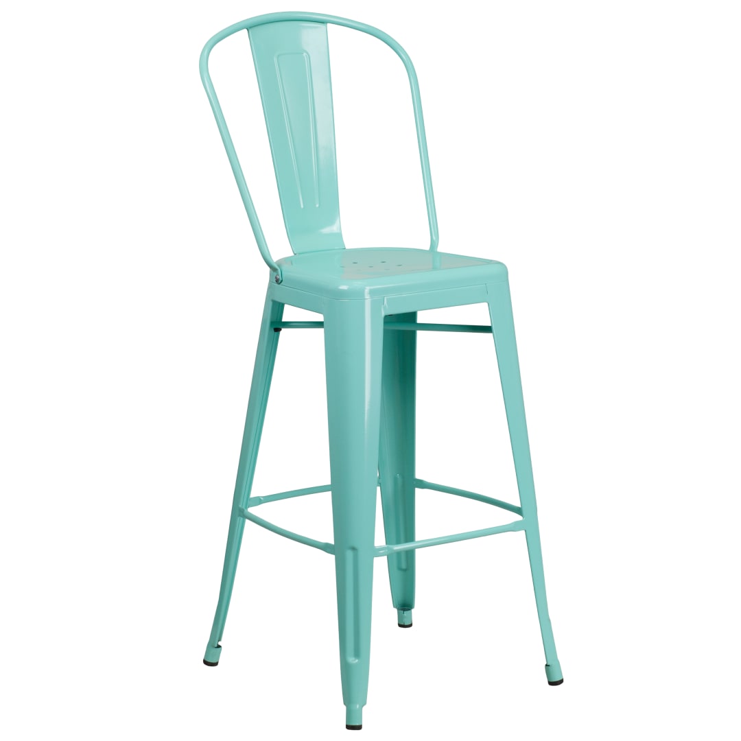 Cindy Commercial Grade 30" High Mint Green Metal Indoor-Outdoor Barstool with Back