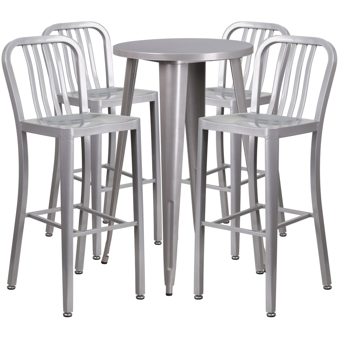 Richard Commercial Grade 24" Round Silver Metal Indoor-Outdoor Bar Table Set with 4 Vertical Slat Back Stools