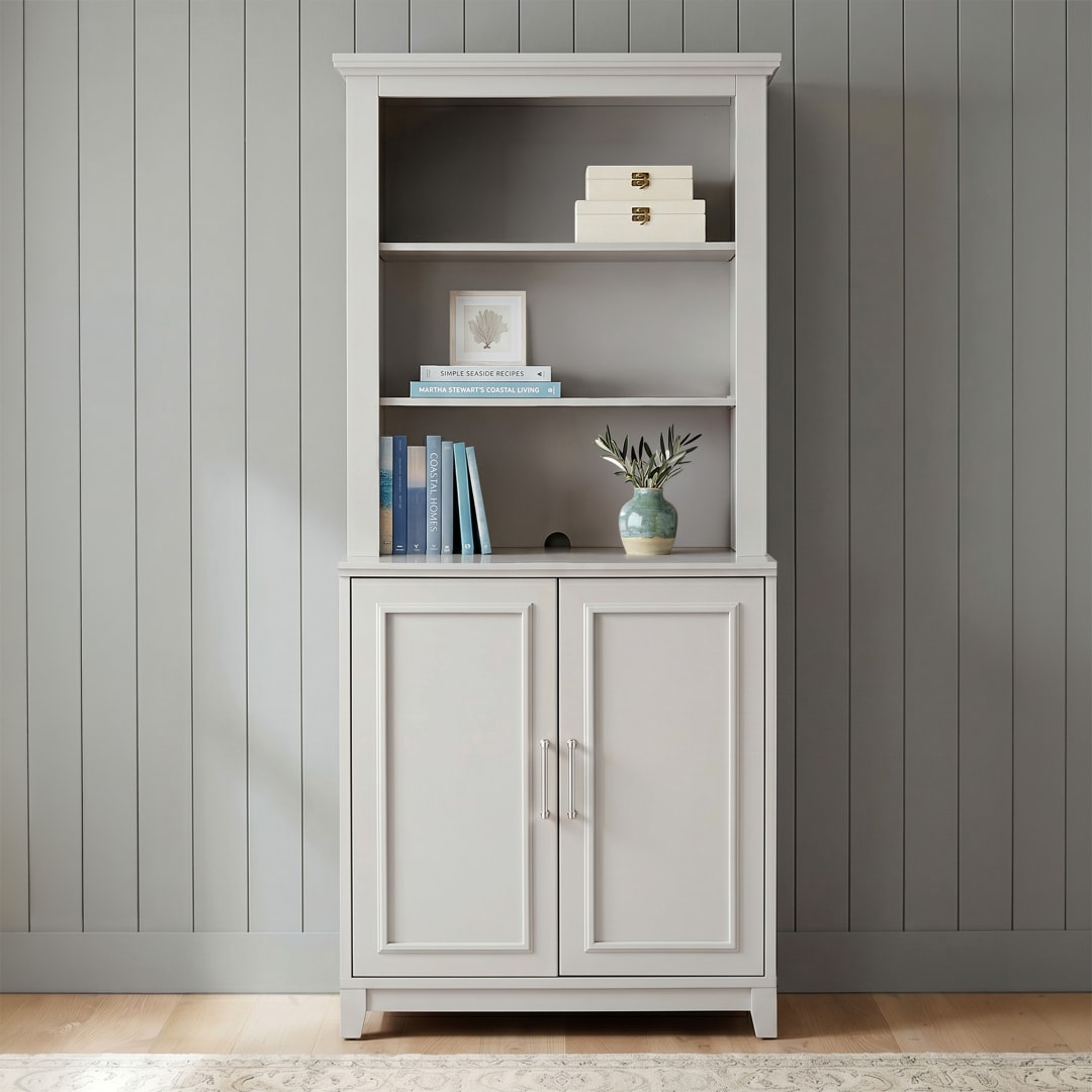 Lily Pond 2-Piece Modular Cabinet and Hutch Set with Brushed Stainless Steel Hardware, Open Top Shelves, Soft-Close Doors, Sharkey Gray