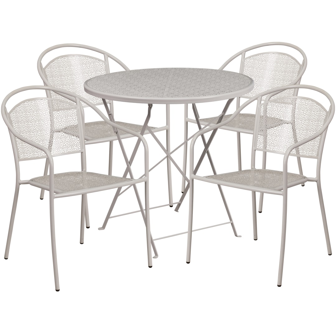 Oia Commercial Grade 30" Round Light Gray Indoor-Outdoor Steel Folding Patio Table Set with 4 Round Back Chairs