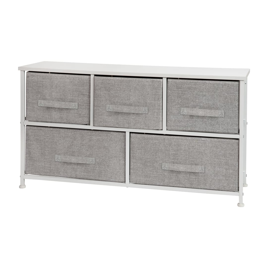 Harris 5 Drawer Wood Top White Cast Iron Frame Vertical Storage Dresser with Light Gray Easy Pull Fabric Drawers