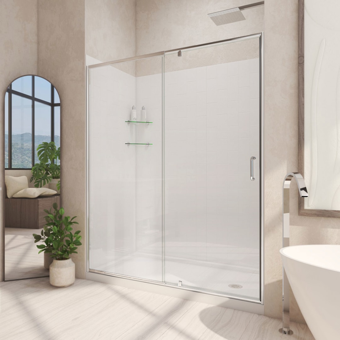 DreamLine Flex 30 inch D x 60 inch W x 78 3/4 inch H Semi-Frameless Pivot Shower Door in Chrome, Right Drain Shower Base, and Wall Kit in White