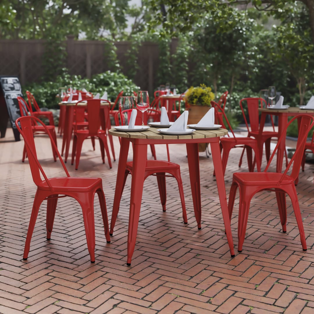 Declan Commercial Grade Indoor/Outdoor Dining Table, 30" Round All Weather Brown Poly Resin Top with Red Steel Base