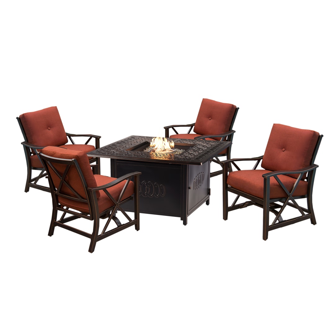 Aluminum 42-in Square Antique Copper Fire Table Set with Four Deep Seating Rocking Chairs, Fire Beads, Lid, Propane Tank Cover and Table Fabric Covers