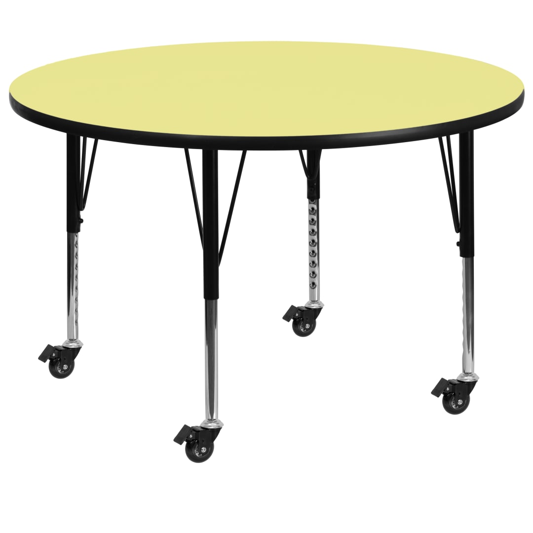 Wren Mobile 60'' Round Yellow Thermal Laminate Activity Table - Height Adjustable Short Legs
