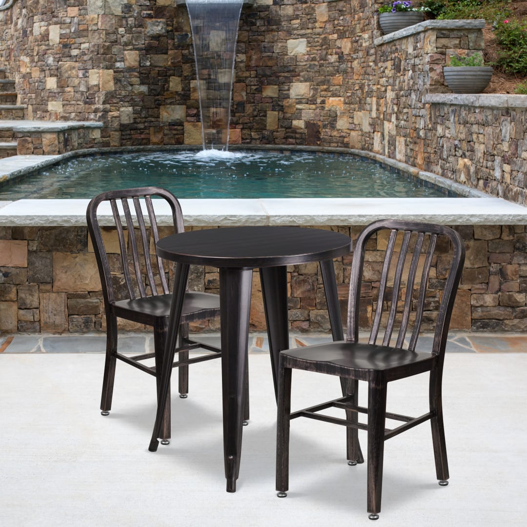 Napoleon Commercial Grade 24" Round Black-Antique Gold Metal Indoor-Outdoor Table Set with 2 Vertical Slat Back Chairs