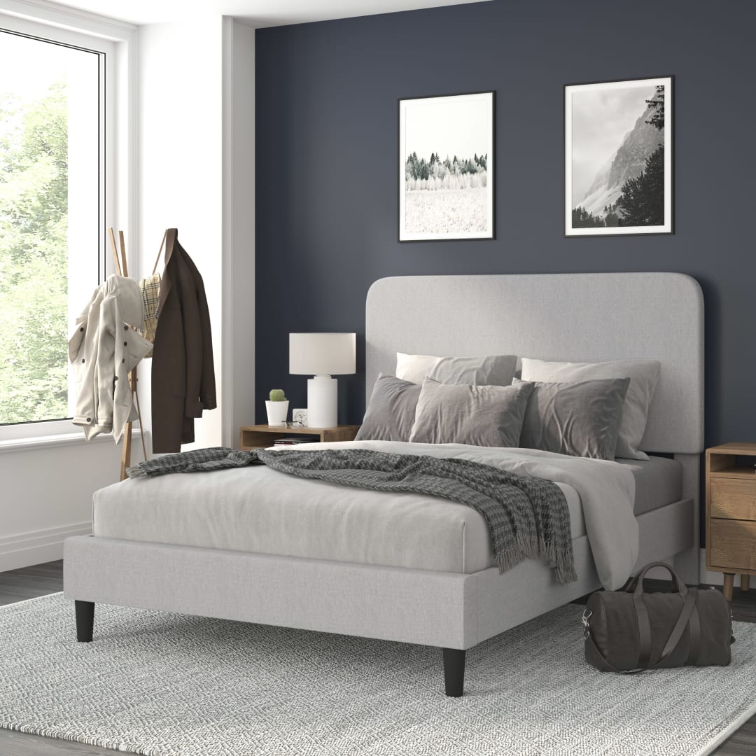 Addison Light Grey Queen Fabric Upholstered Platform Bed - Headboard with Rounded Edges - No Box Spring or Foundation Needed