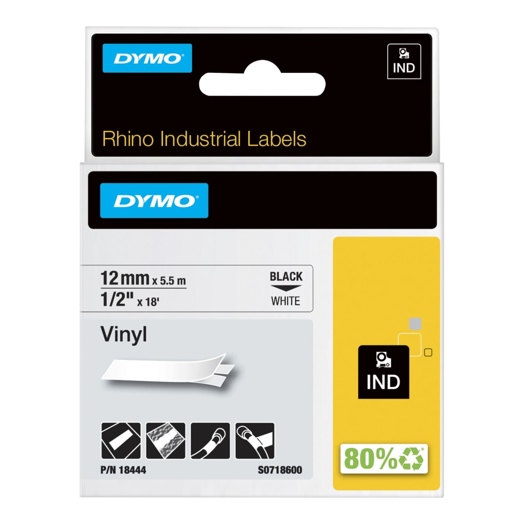 DYMO® Rhino Industrial Vinyl Labels, 1/2", Black Print on White Tape