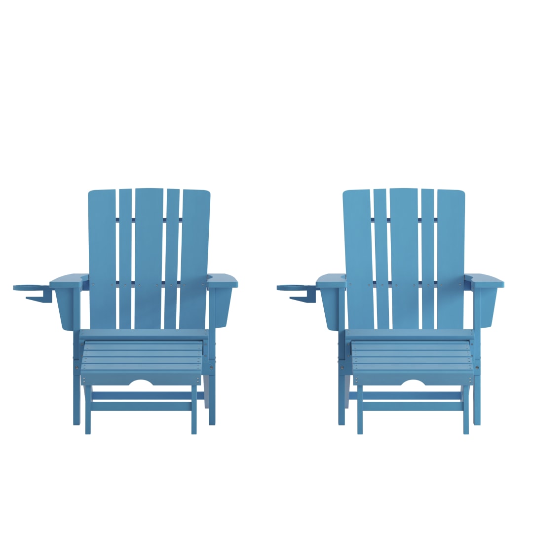 Halifax HDPE Adirondack Chair with Cup Holder and Pull Out Ottoman, All-Weather HDPE Indoor/Outdoor Lounge Chair in Blue, Set of 2