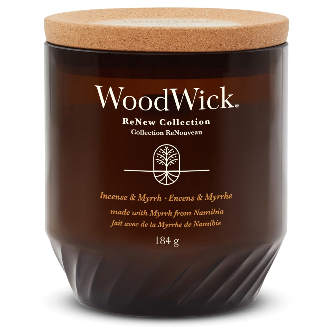 WoodWick ReNew Scented Candle with Crackling Wick | Incense & Myrrh Medium Candle | Plant Based Soy Coconut Wax Blend | Made with Recycled Materials | Perfect Gifts for Women