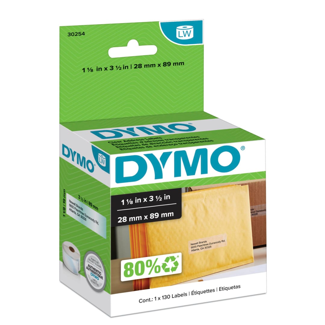 DYMO® Authentic LW Clear Mailing Address Labels, DYMO® Labels for LabelWriter™ Label Printers, 1-1/8" x 3-1/2", 1 Roll of 130