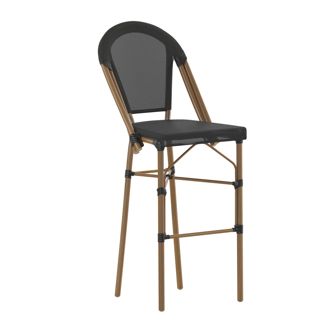 Marseille Stackable Indoor/Outdoor Bistro 30" High Barstool, Commercial Grade, Black and Bamboo Finish