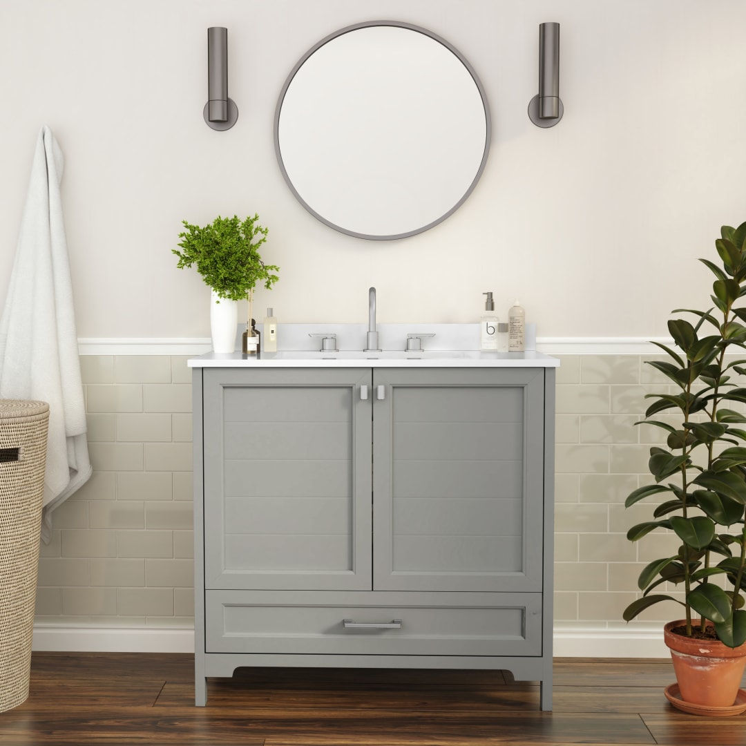Haven 36 Inch Bathroom Vanity with Sink, Storage Cabinet with Soft Close Doors and Bottom Drawer, Carrara Marble Finish Countertop, Gray