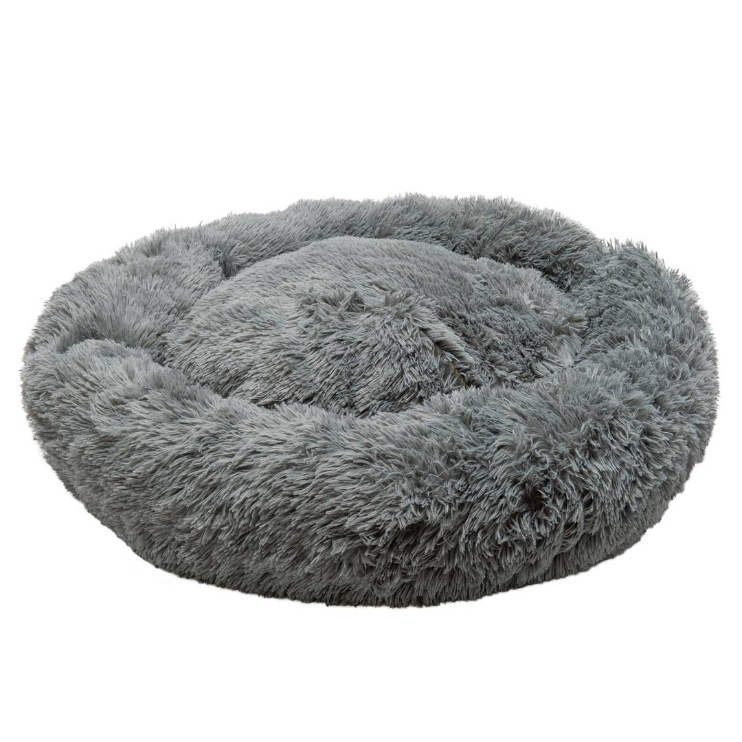 FurHaven Calming Donut Dog Bed for Large Dogs, Round Plush Donut with Soft Filling for Snuggling Comfort, Removable Washable Cover, Large, Shaggy Faux Fur, Gray