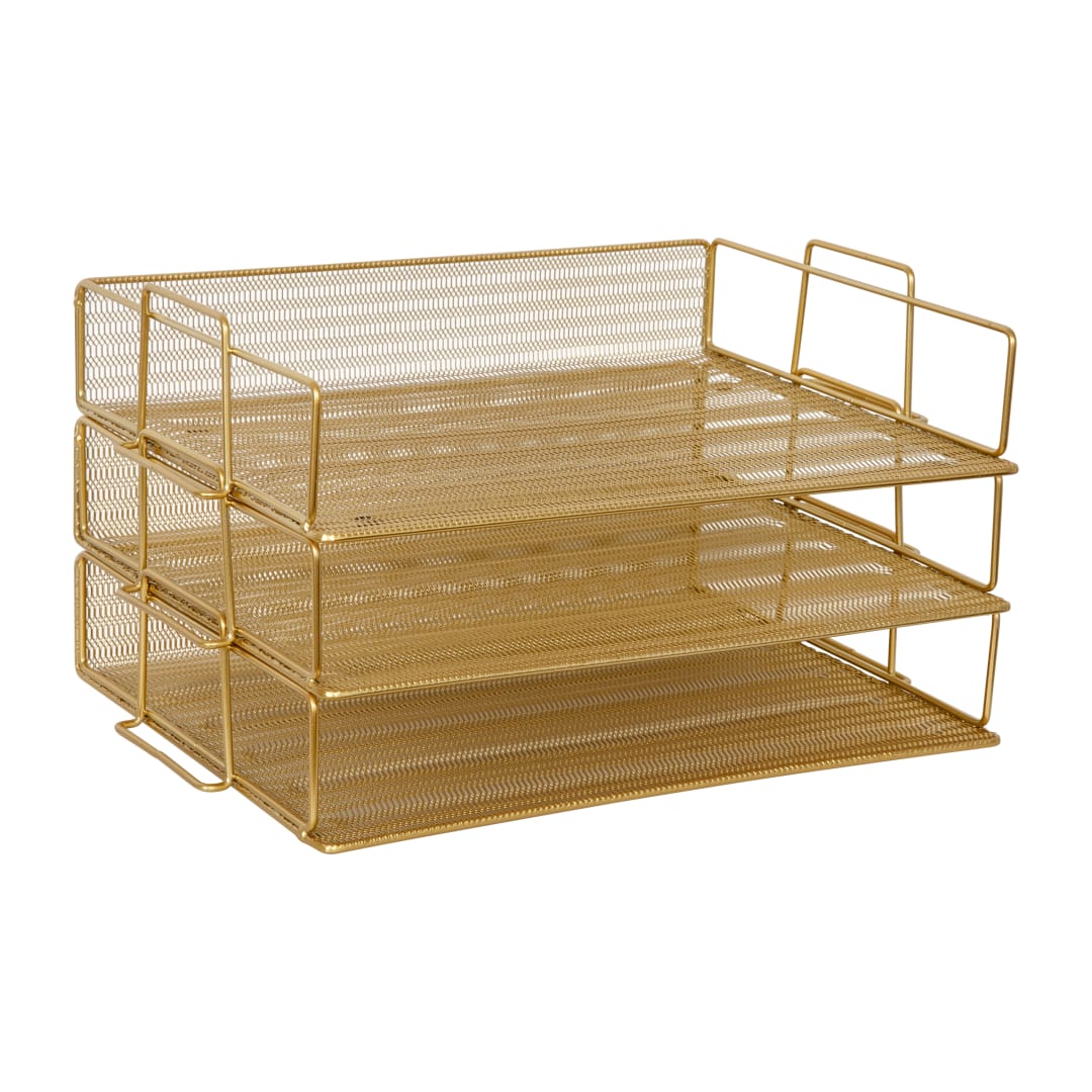 Ryder 3 Tier Gold Desk Letter Tray Organizer, Stackable Steel Mesh Inbox Tray for Files, Papers, or Letters