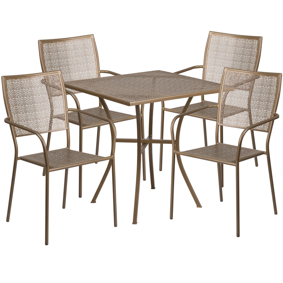 Oia Commercial Grade 28" Square Gold Indoor-Outdoor Steel Patio Table Set with 4 Square Back Chairs