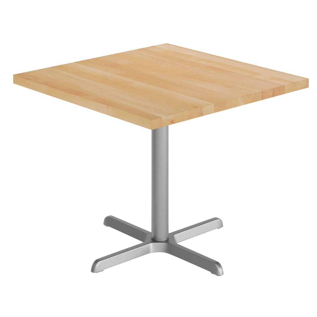 Bennett 36" Square Solid Wood Commercial Indoor Tabletop in Natural with 30" x 30" Dining Height Rust-Resistant Silver Cast Iron X-Base