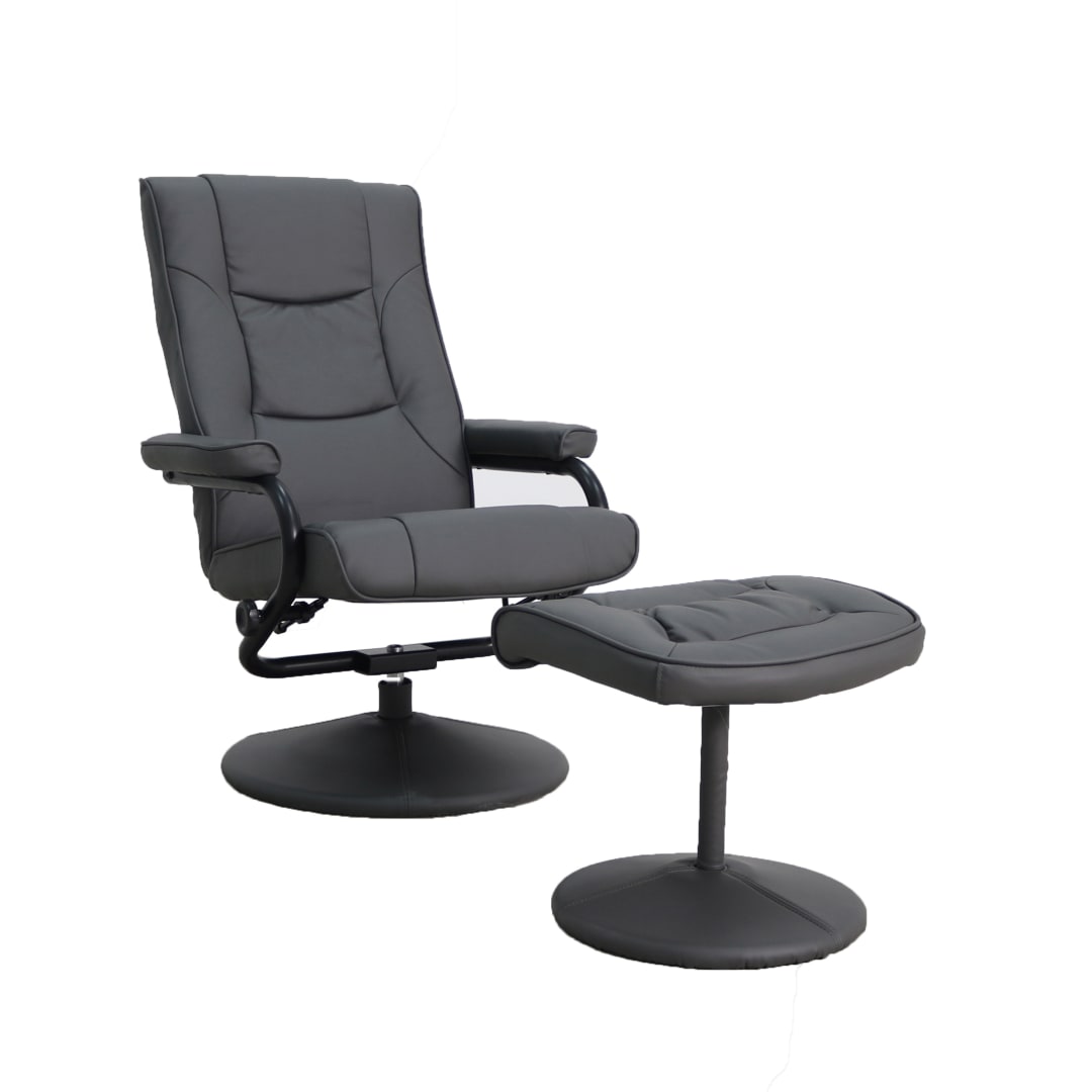 Rachel Contemporary Multi-Position Recliner and Ottoman with Wrapped Base in Gray LeatherSoft