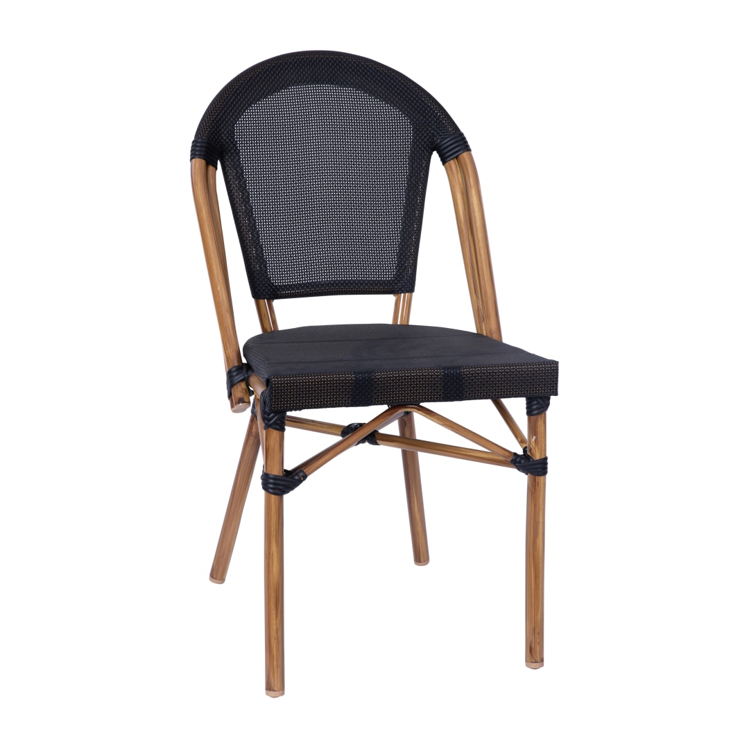Marseille Indoor/Outdoor Commercial Bistro Stacking Chair, Black Textilene Back and Seat, Bamboo Print Aluminum Frame in Natural