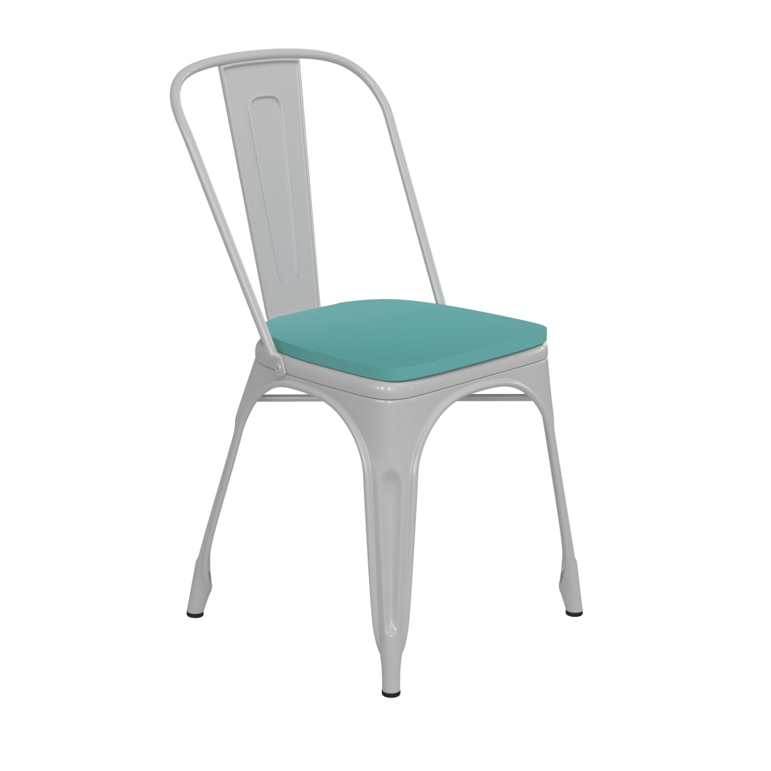 Perry Commercial Grade White Metal Indoor-Outdoor Stackable Chair with Mint Green Poly Resin Wood Seat
