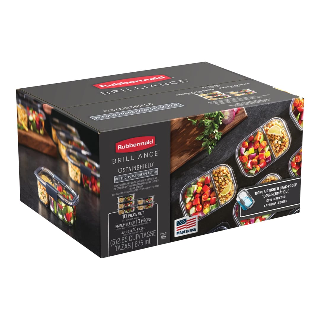Rubbermaid® Brilliance™ Meal Prep Containers Set, 2-Compartment Food Storage Containers, 2.85 Cup, 5-Pack