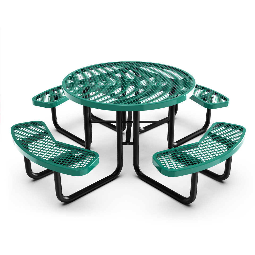 Creekside 46" Round Outdoor Picnic Table with Commercial Grade Heavy Gauge Green Expanded Metal Mesh Top and Seats and Black Steel Frame with Anchors