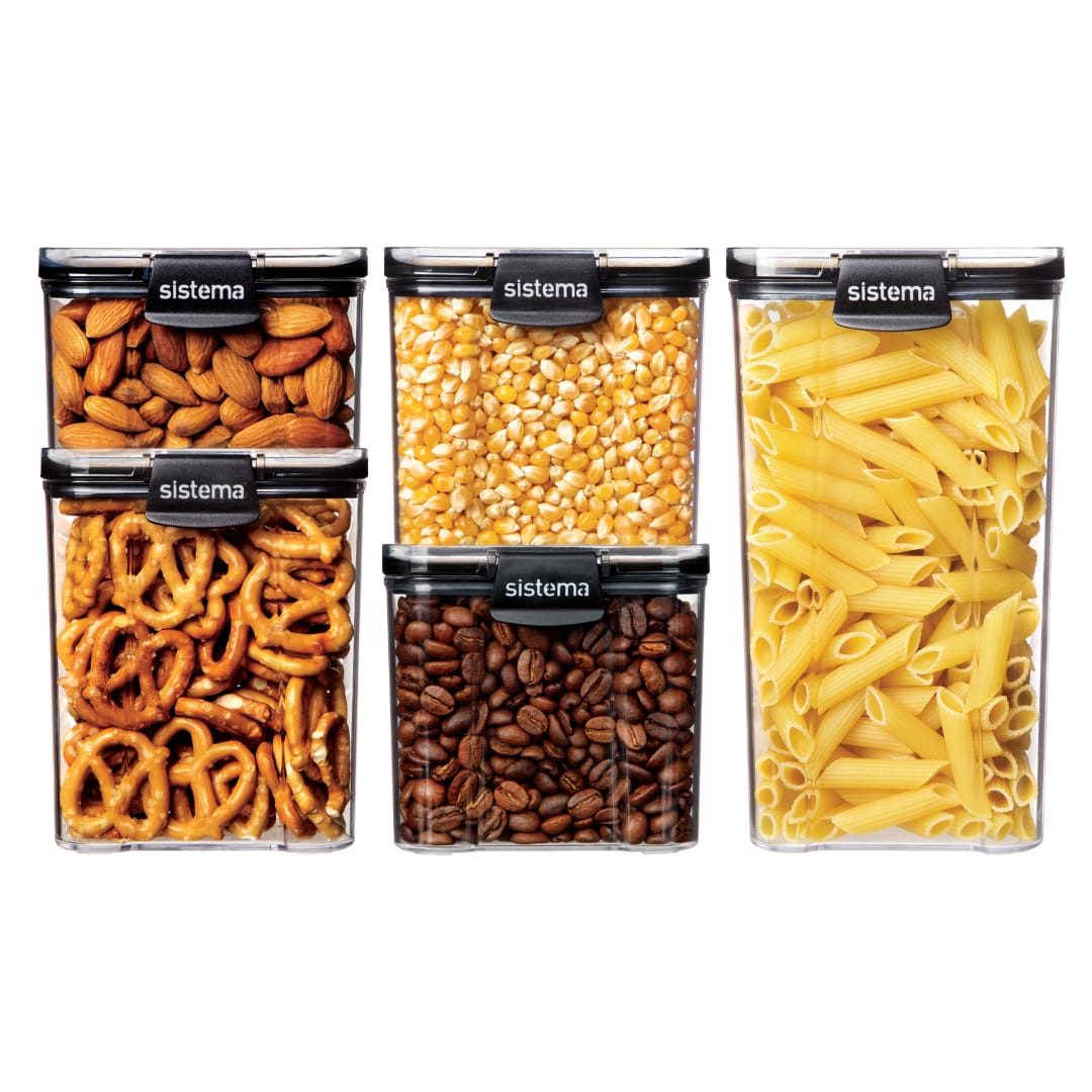 Sistema Ultra Set de recipientes herméticos para despensa | Solución para almacenar alimentos con diferentes capacidades | Apilables | Clips de cierre | Transparentes con detalles en negro | 5 unidades