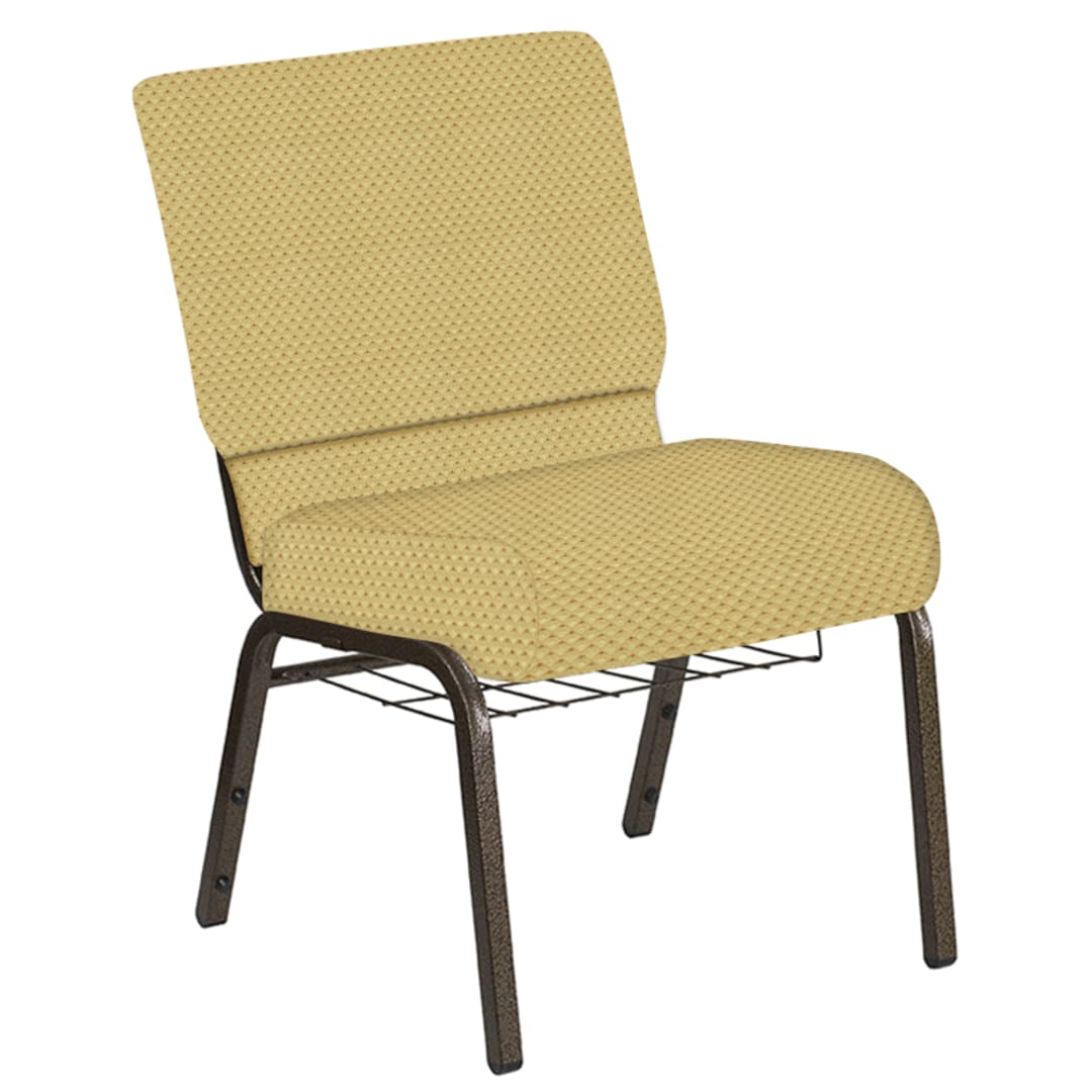 Embroidered 21''W Church Chair in Canterbury Taupe Fabric with Book Rack - Gold Vein Frame