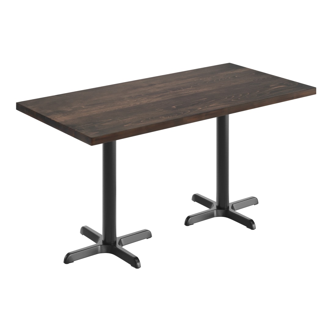 Bennett 30" x 60" Solid Wood Commercial Indoor Tabletop in Dark Brown with 22" x 22" Dining Height Rust-Resistant Black Cast Iron X-Base
