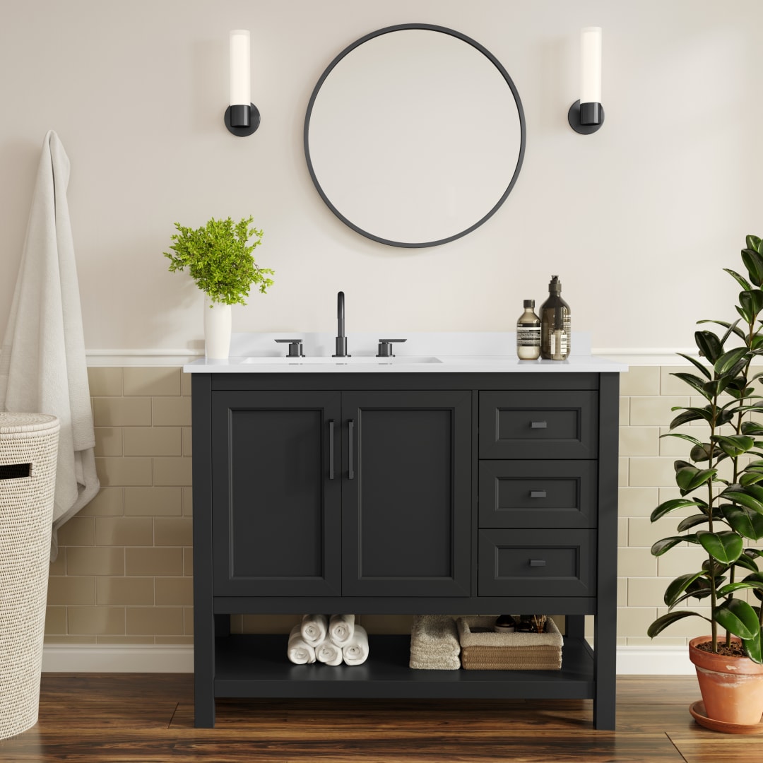 Vega 42" Bathroom Vanity with Sink, Cabinet with Black Hardware, Soft Close Doors, Open Shelf &amp; 3 Drawers, Carrara Marble Finish Counter, Black/White