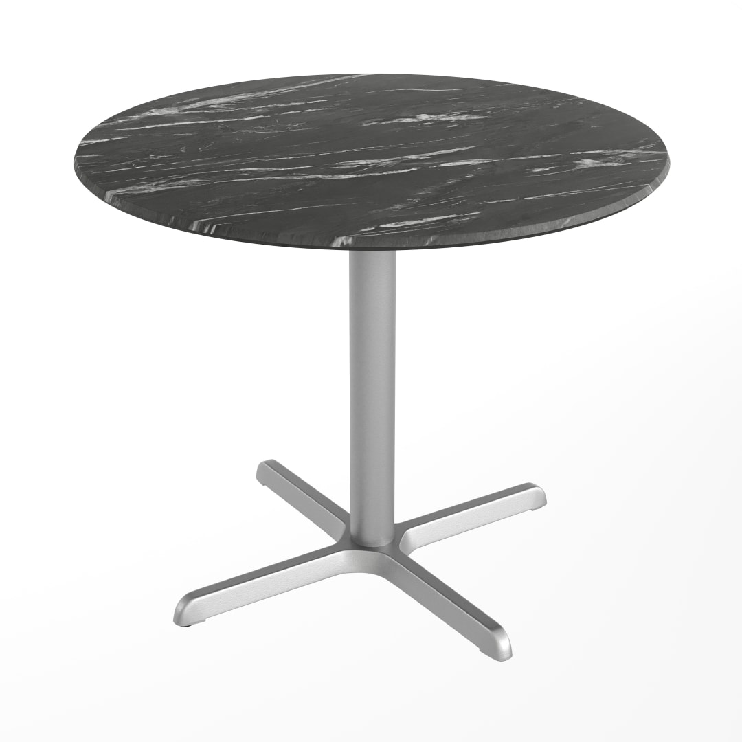 TopGuard 36" Round Indoor Outdoor Tabletop in Black Faux Marble with Seamless Surface Technology and 30" x 30" Silver Cast Iron X Table Base
