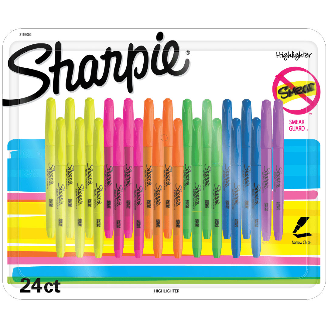 Sharpie® Pocket Highlighters | Narrow Chisel Tip | Assorted Fluorescent Colours | 24 Count