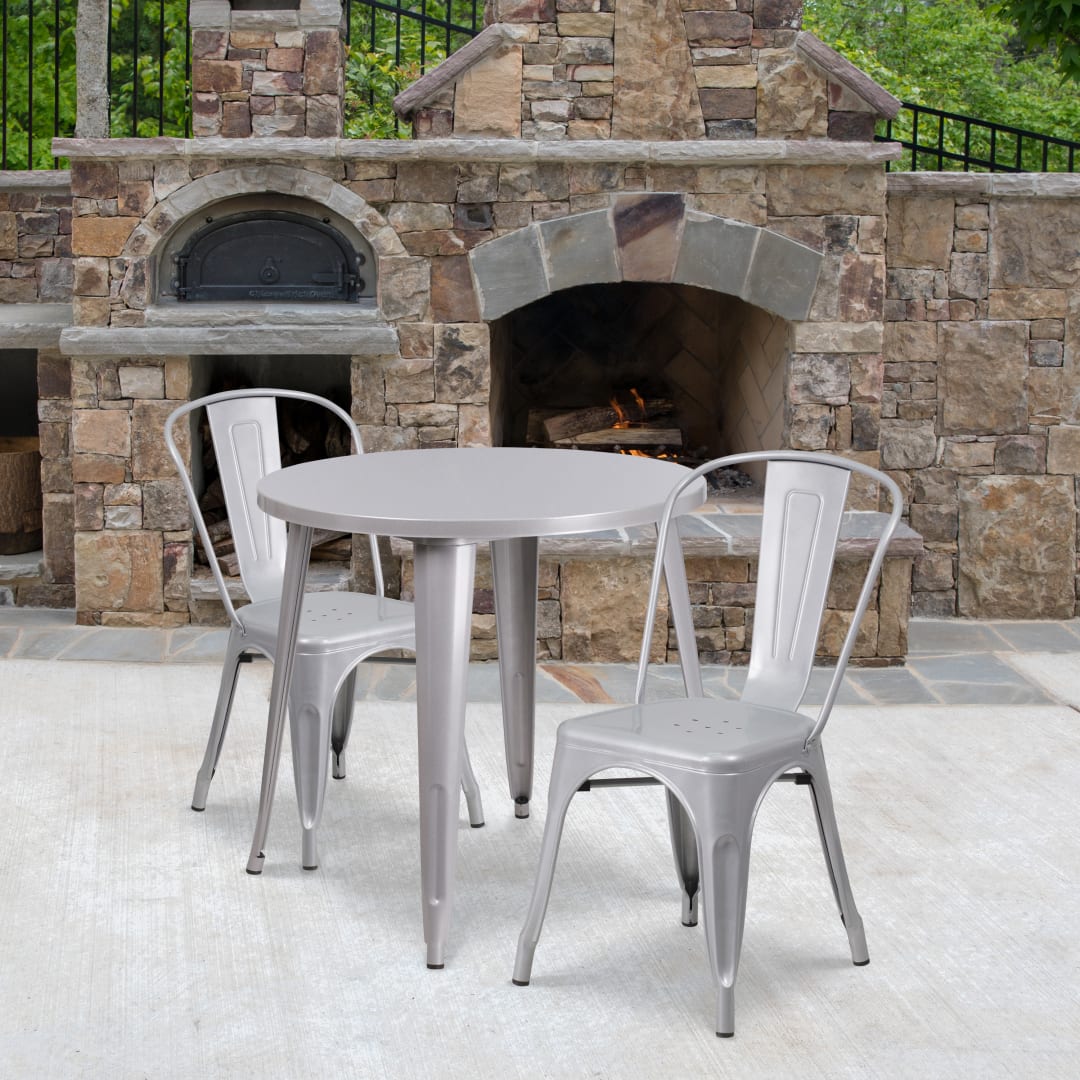 Baker Commercial Grade 30" Round Silver Metal Indoor-Outdoor Table Set with 2 Cafe Chairs
