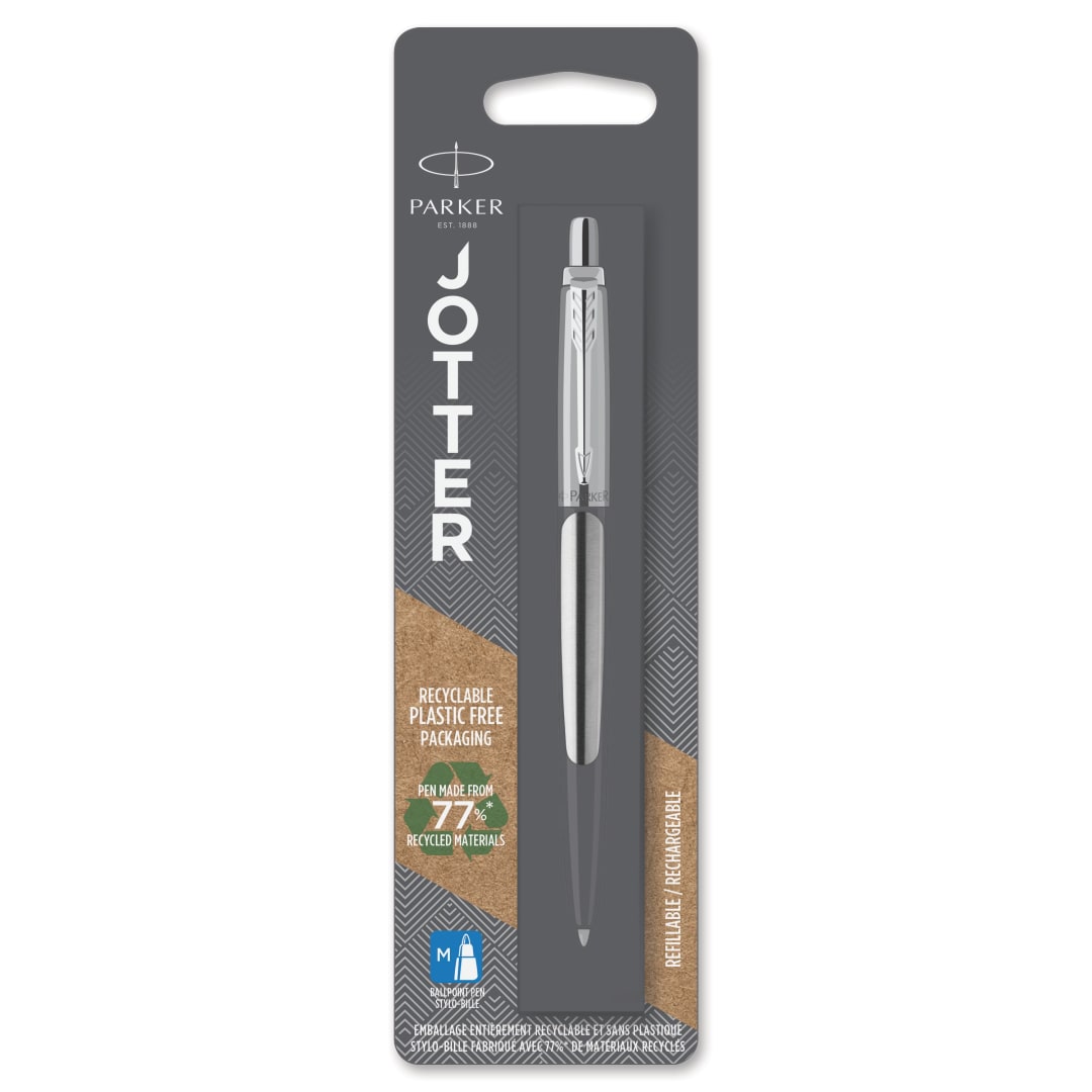 Parker Jotter Bolígrafo | Acero inoxidable con detalle cromado | Punta mediana Tinta azul | Embalaje sin plásticos