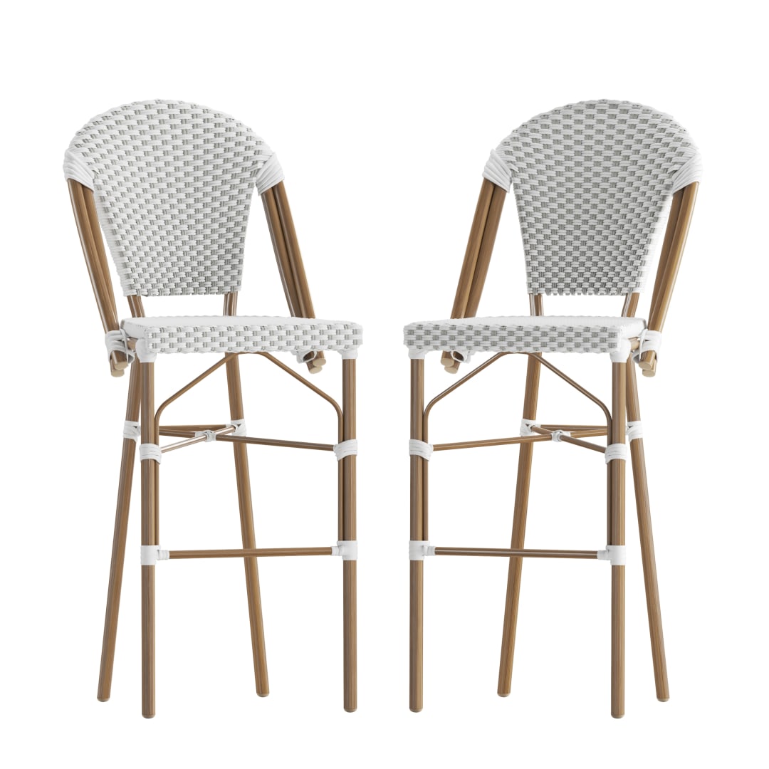 Lourdes Set of 2 Stackable Indoor/Outdoor Bistro 30" High Barstools, Commercial Grade, White/Gray and Bamboo Finish