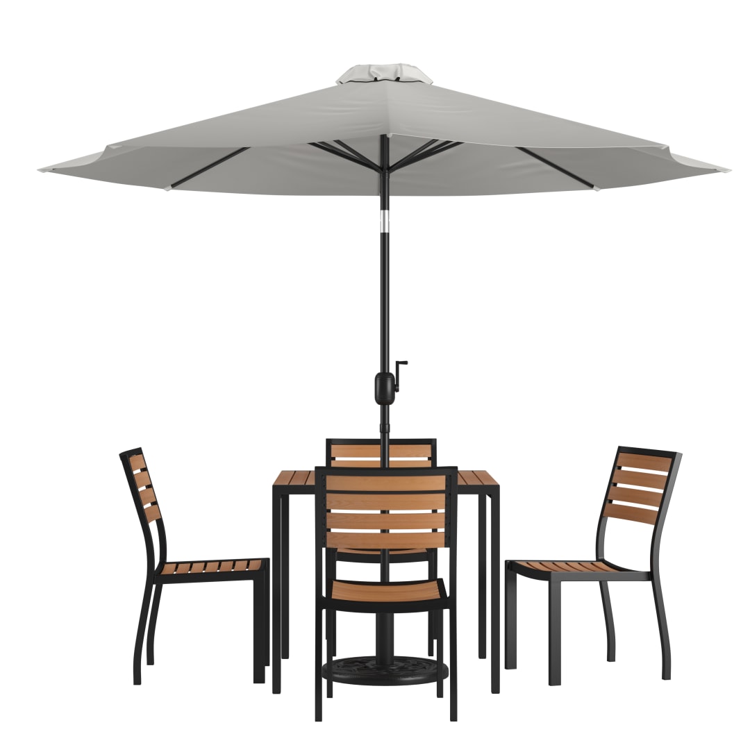 Lark 7 Piece All-Weather Deck or Patio Set-4 Stacking Faux Teak Chairs, 35" Square Faux Teak Table, Gray Umbrella & Base