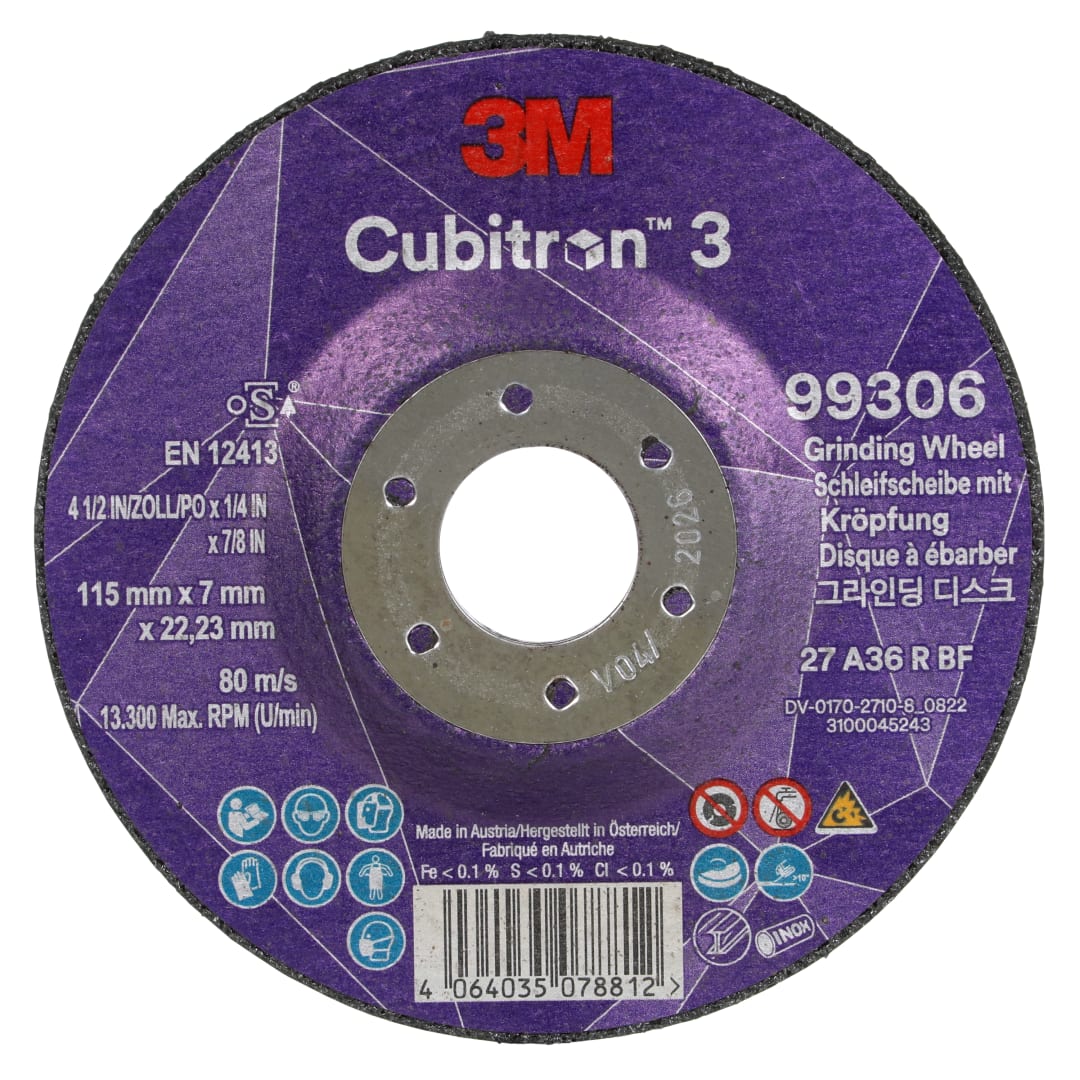 3M™ Cubitron™ 3 Bombeli Taşlama Taşı, 99306, 36+, T27, 115 mm x 7 mm x 22,23 mm, EN, 10/Paket, 20 adet/Kutu