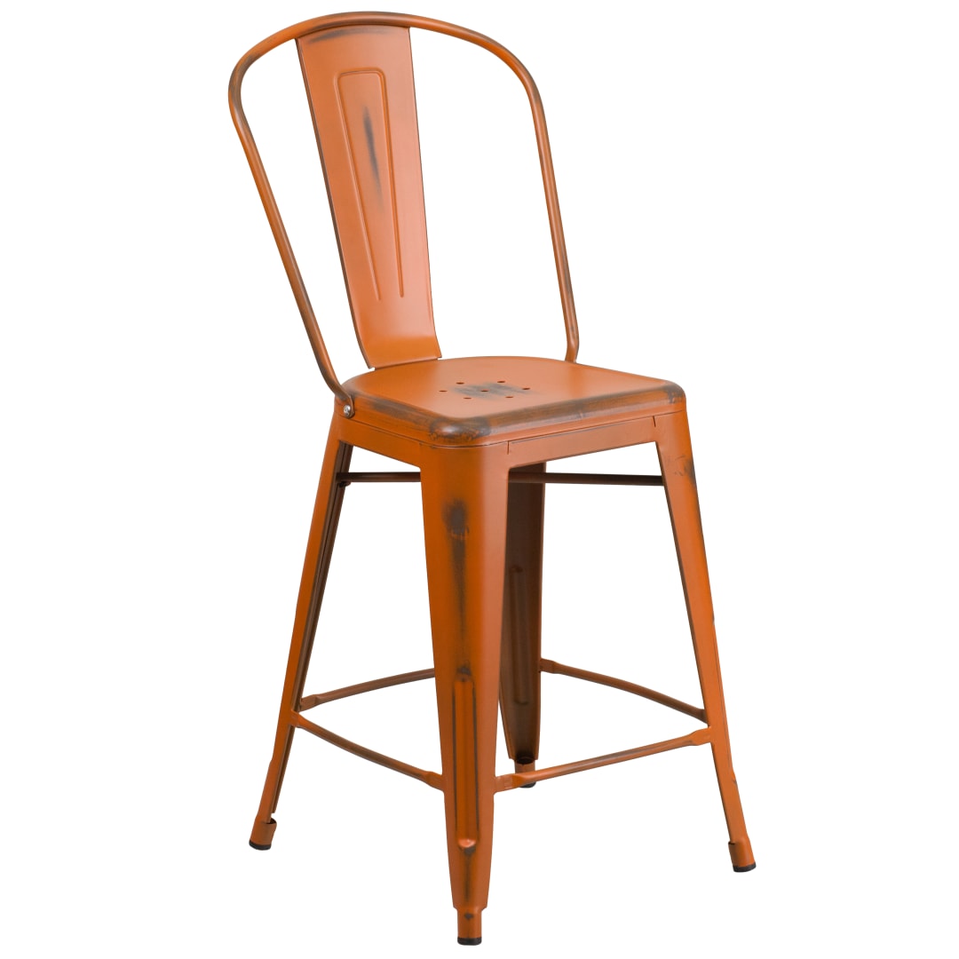 Carly Commercial Grade 24" High Distressed Orange Metal Indoor-Outdoor Counter Height Stool with Back