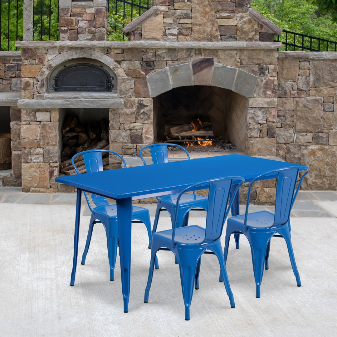 Darcy Commercial Grade 31.5" x 63" Rectangular Blue Metal Indoor-Outdoor Table Set with 4 Stack Chairs
