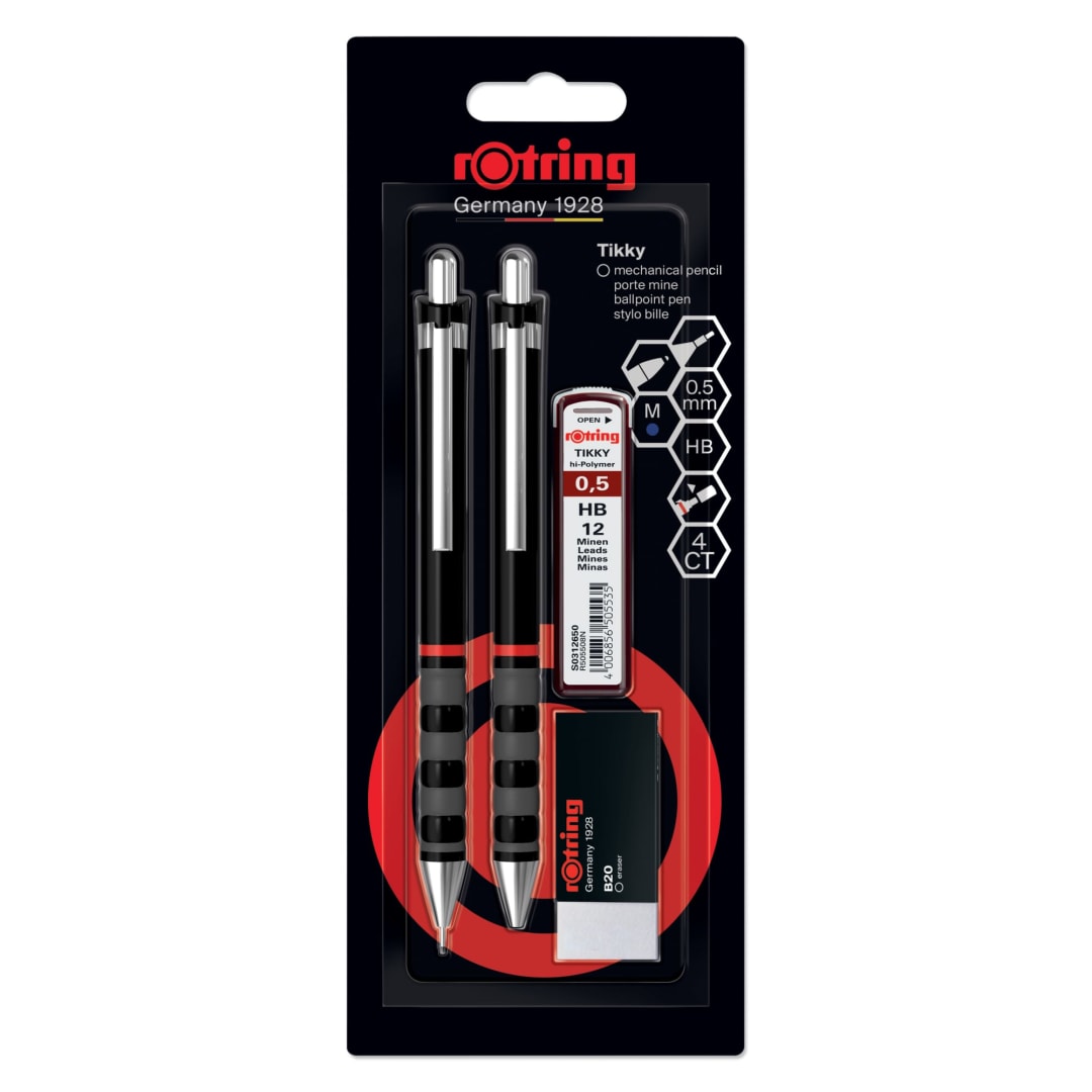 rOtring Tikky Mechanical Pencil, Ballpoint, Eraser & Lead Refills Set | HB Lead, 0.5 mm Pencil | Medium Point Pen | Black Barrel | Lightweight with Rubberised Grip