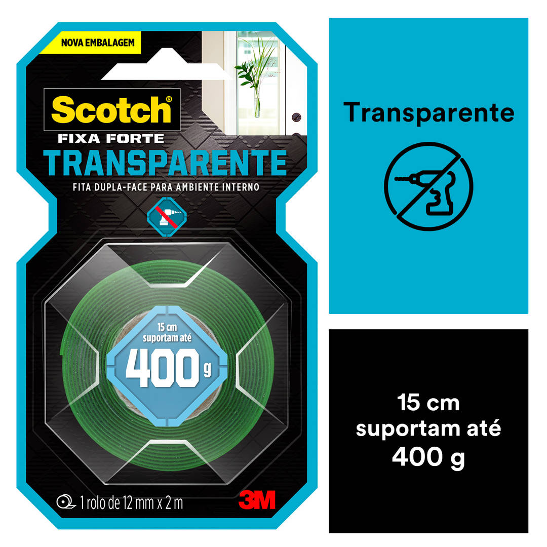 Fita Dupla Face 3M™ Scotch® Fixa Forte, Transparente, 12 mm x 2 m