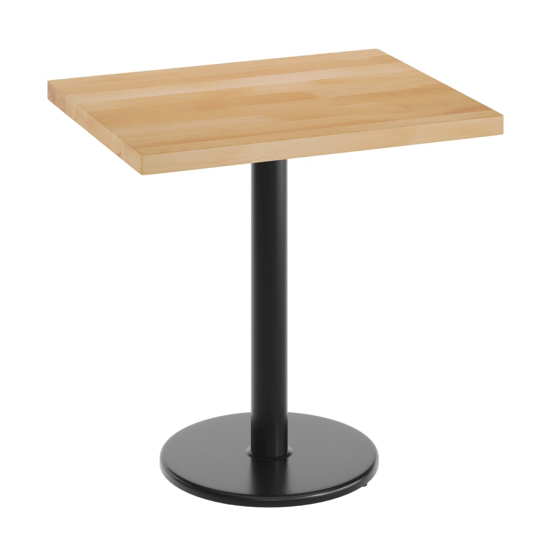 Bennett 24" x 30" Solid Wood Commercial Indoor Tabletop in Natural with 18" Round Dining Height Rust-Resistant Black Cast Iron Base