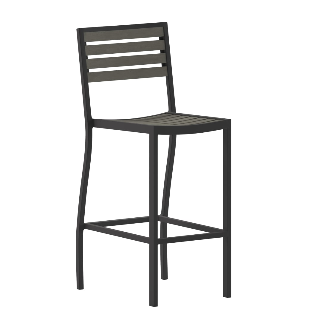 Lark Commercial Grade Bar Height Stool, All-Weather Outdoor Bar Stool with Faux Wood Poly Resin Slats and Aluminum Frame, Gray Wash