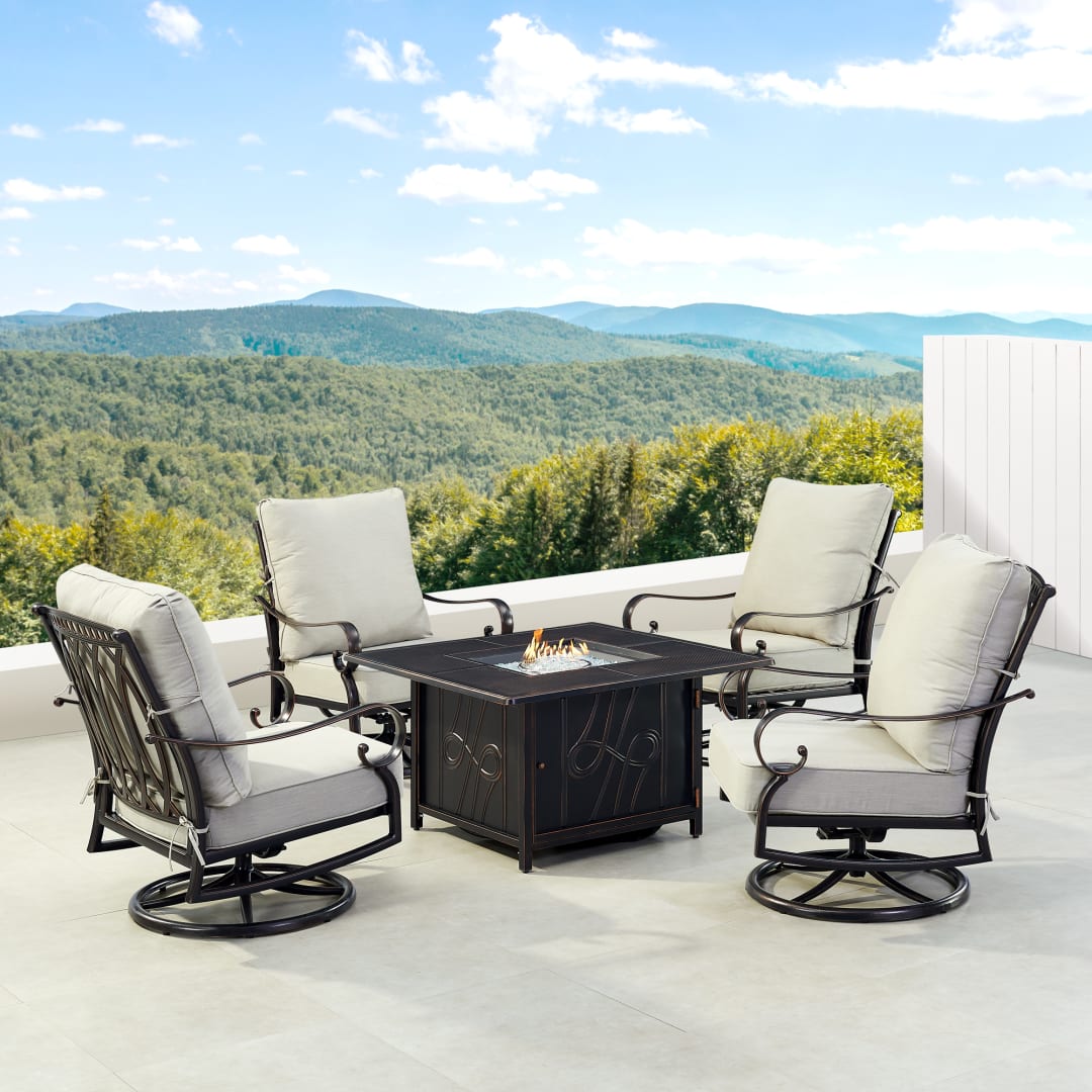 Black Aluminum Patio Fire Table Set with Four Club Chairs