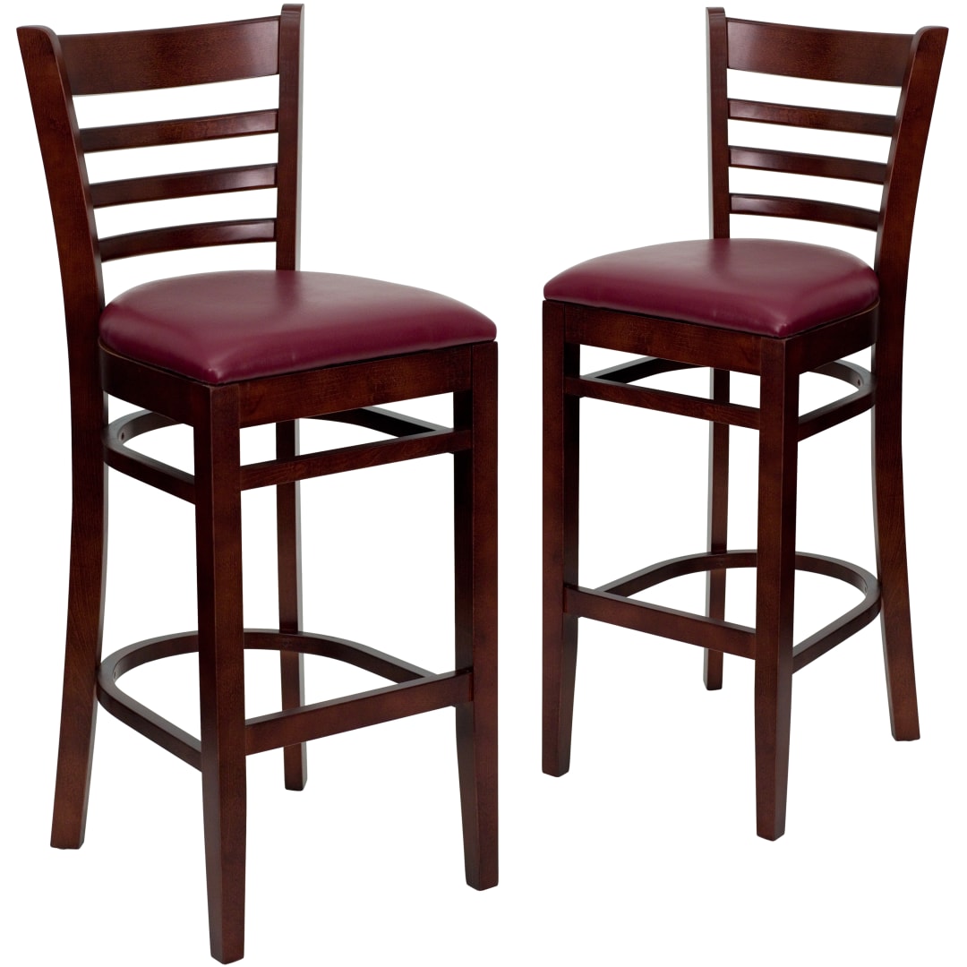 2 Pk. HERCULES Series Ladder Back Mahogany Wood Restaurant Barstool - Burgundy Vinyl Seat