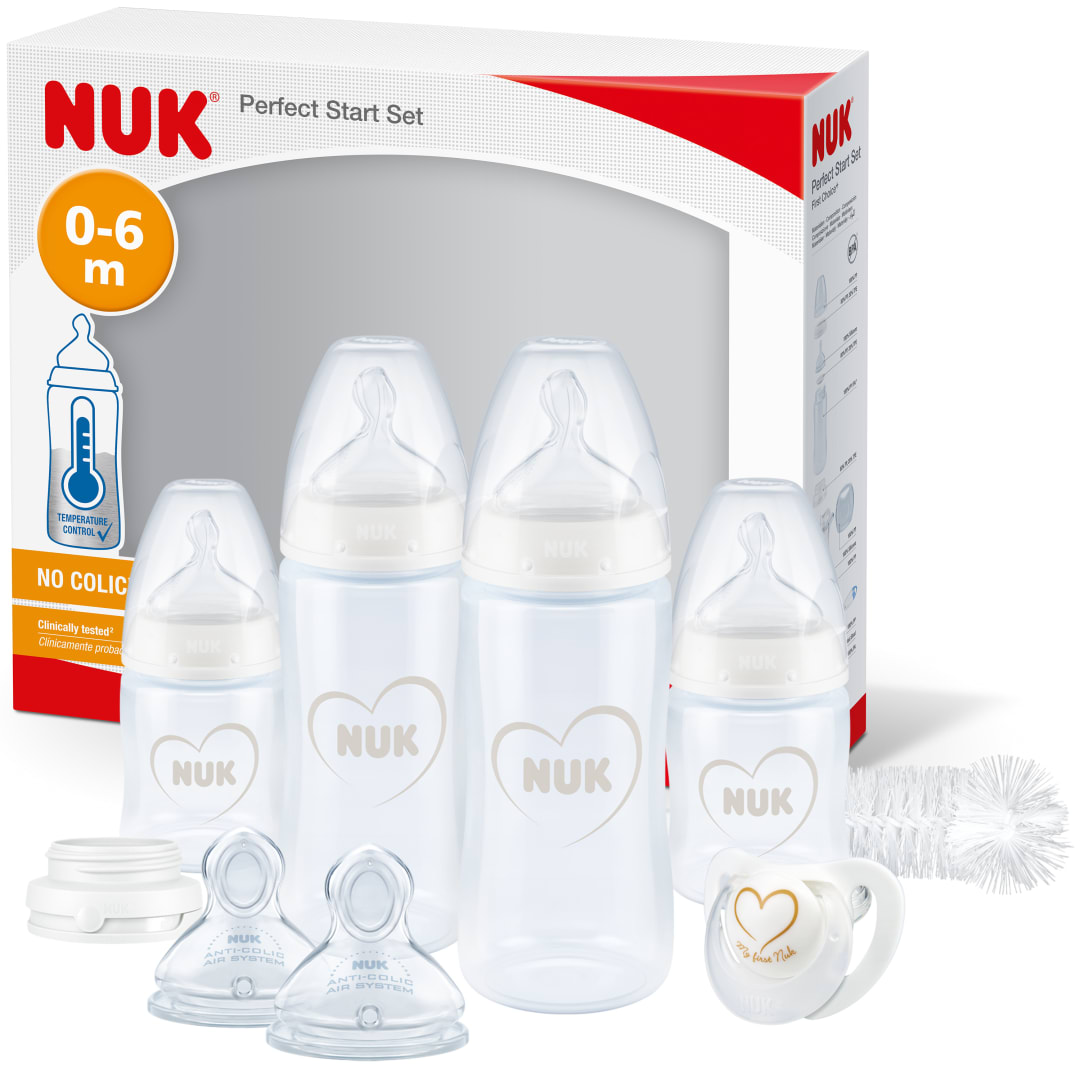NUK Perfect Start First Choice+ set de biberones | 0-6 meses | 4 biberones anticólicos, 1 chupete, 1 cepillo para biberones y más | Sin BPA | 10 unidades